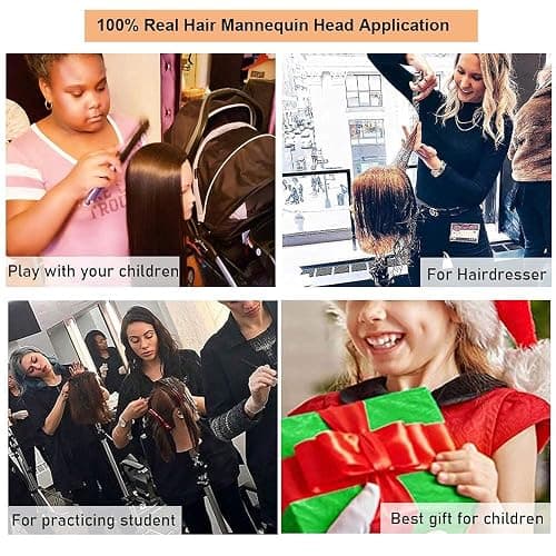 14 Inch 100% Real Hair Mannequin Head Training Head Manikin Cosmetology Doll Head for Hairdresser Practice Braiding Hair Styling with Clamp stand thumbnail 8