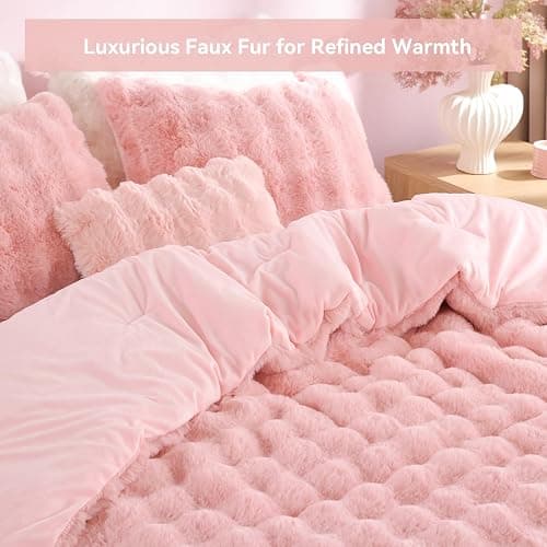 YIKUSH Full Faux Fur Soft Comforter Set, Fluffy Pink Rabbit Fur Comforter | Warm Thick Full Size Bedding Set,Super Fluffy Luxury Pink Comforter for Winter, Easy Care (1 Comforter, 2 Pillowcases) thumbnail 3