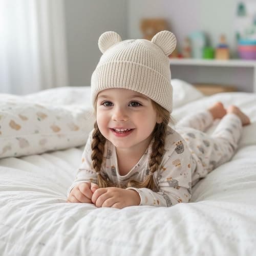 Hadetoto Cotton Baby Beanie Winter Knitted Hat, 2 Pack | Bear Ear Design, Infant Toddler Boys Girls, Soft Warm, Skull Cap thumbnail 2