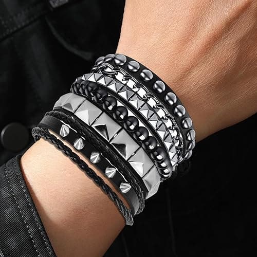 4 Pcs Leather Studded Bracelets for Women, Mens Spiked Punk Rock Grunge Cuff Wristbands Emo Accessories Set for 80s 90s Outfits thumbnail 6