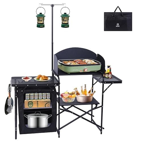 Nice C Camping Kitchen Station, Camping Table, Picnic Table, Portable Grill Table, Folding Cook Table, Upgrade Light Stand and Windshield Station & Organizers, Carry Bag for Beach, Picnic (Black) - Image 1