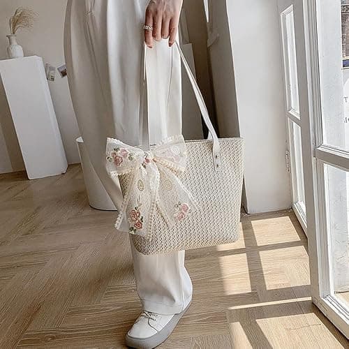 QTKJ Women Large Straw Beach Tote Bag Summer Hand-woven Bags Shoulder Bag Leather Handle Beach Handbags with Cute Lace Bow Small (White) thumbnail 6