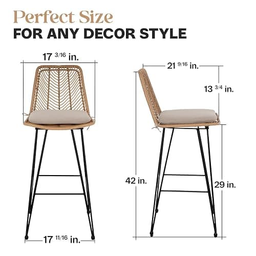 IDZO 400lbs Capacity Rattan Bar Stools Set of 2, 29-Inch Height, Outdoor & Indoor Use, Comfort Cushion, Solid Steel Frame, Durable Powder Coating, Easy Assembly, Ideal for Kitchen Island & Patio thumbnail 3