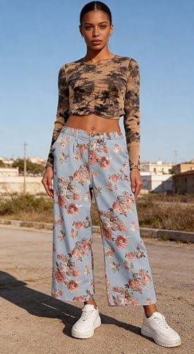 loveimgs Women Mid Rise Cropped Wide Leg Jeans Baggy Floral Ankle Pants Denim Capris Flare Print Boho Palazzo Jeans Boyfriend thumbnail 3
