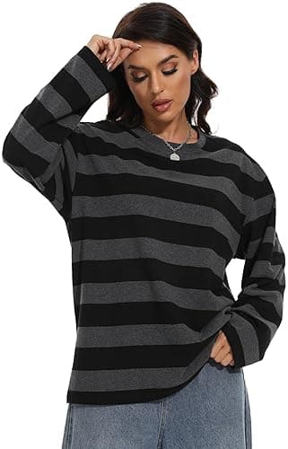 BALSEK Women's Long Sleeve Crewneck Striped T-Shirt Oversized Grunge Goth Emo Harajuku Casual Fashion Top - Black & Grey Grunge - XX-Large