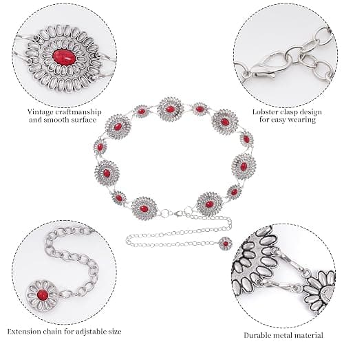 Topbuti Western Metal Oval Concho Chain Belt for Women Cowgirl Turquoise Waist Chain Belt for Dresses Jeans Western thumbnail 3