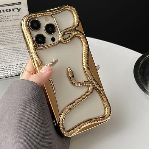 Solid Color Hollow Snake Electroplated Soft Phone Case, Stylish Hollow Snake Shaped Electroplated Phone Case, Mini Shockproof Snake Phone Case for iPhone 15/16 Pro max (Gold,for iPhone15) thumbnail 4