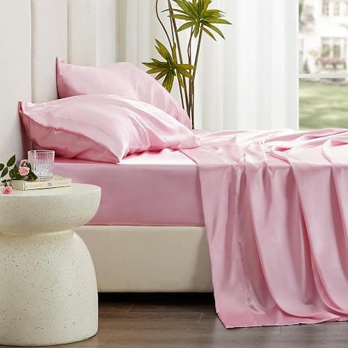 Love's cabin Satin Queen Sheets Set - 4 Piece Pink Silky Satin Bed Sheets Queen Set with Deep Pocket, Luxury Silk Feel Satin Queen Size Sheet Set (1 Flat Sheet,1 Fitted Sheet,2 Pillow Cases) - Queen - Pink. thumbnail 3