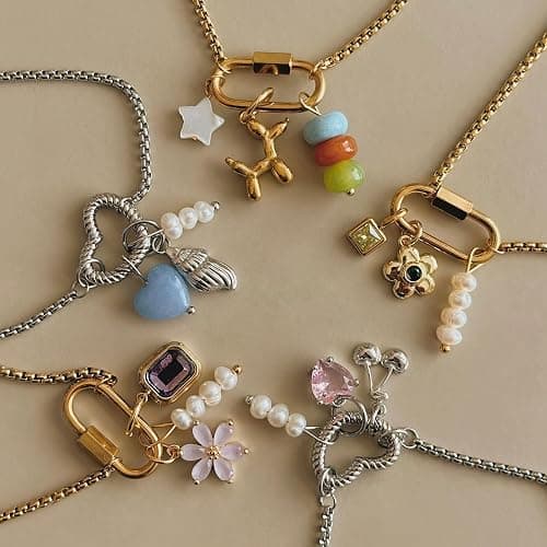 immerFancy Gold Charm Necklace for Women Western Boho Jewelry, Charm Holder Carabiner Paperclip Chain Necklaces with Star Moon Horseshoe Fish Shell Pendant Charms Celestial Choker Necklaces Gift thumbnail 3