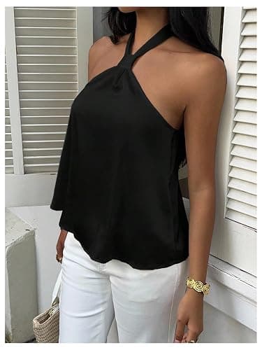 SOLY HUX Women's Summer Halter Tops Silk Satin Tie Backless Sleeveless Going Out Top thumbnail 4