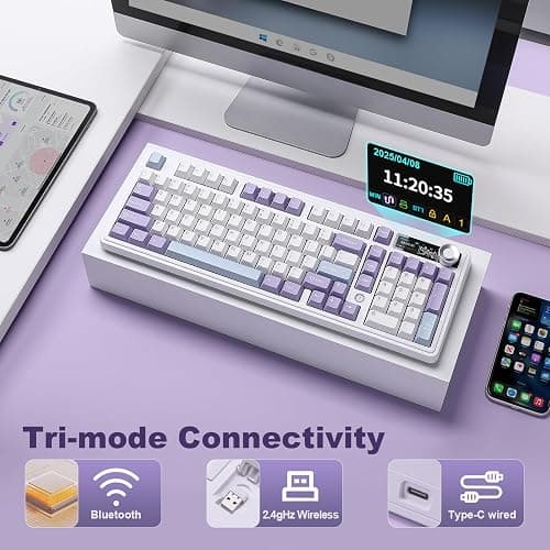 MIKIBY AJAZZ AK980 Mechanical Keyboard, Creamy & Thocky with Smart Display & Knob, 98% Wireless Tri-Mode BT/2.4G/USB-C, Hot Swappable, RGB Light for Win & Mac (Purple, Murad Switch) thumbnail 3