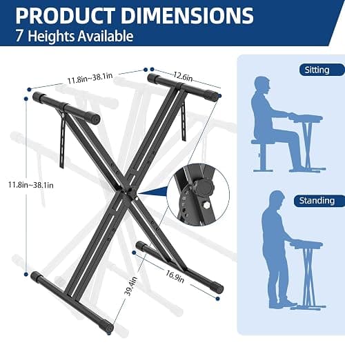 GLEAM Keyboard Stand and Bench Set, Double X Style Digital Piano Stand Height from 19" to 38", Heavy Density Foam Padded Stool from 14" to 18" Black thumbnail 2