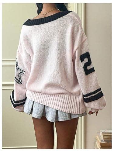 BEAUDRM Women's Y2K Sweater Oversized Sweaters Long Sleeve V Neck Pullover Jumper Knit Top thumbnail 2