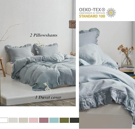 Simple&Opulence 100% Linen Duvet Cover Set, 3 PCS Natural French Flax Dusty Blue Ruffle Duvet Cover Queen Size, Breathable Comfy Linen Bedding Comforter Cover with 2 Pillowcases(Dusty Blue, 88" X 92") thumbnail 3