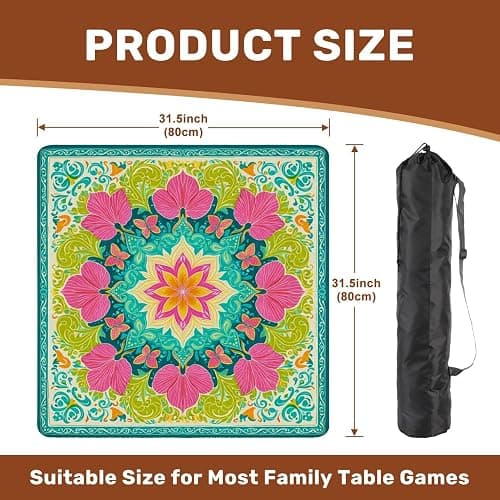 Mahjong Mat with Carrying Bag 31.5" x 31.5" Non-Slip Noise Reduction Floral Mandala Vibrant Pink Green Petals Teal Table Mat for Mahjong Poker Dominoes Card Board Tile Games thumbnail 2