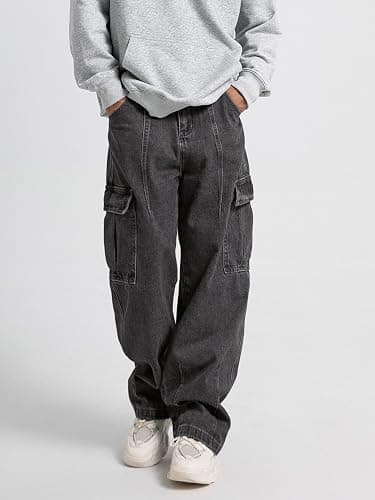 Mens Baggy Jeans for Men Women Y2k Skater Vintage Plain Pants Multiple Pockets Casual Wide Leg Loose Fit Cargo Denim Jeans thumbnail 4