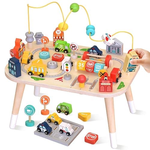 Wooden Montessori Activity Table for Toddlers, Baby Busy Table with Bead Maze, Shape Sorter, Cars & Road Signs, Traffic Learning Activity Center Sensory Toys for Birthday Gift Boys Girls 1+ Year Old - Image 1