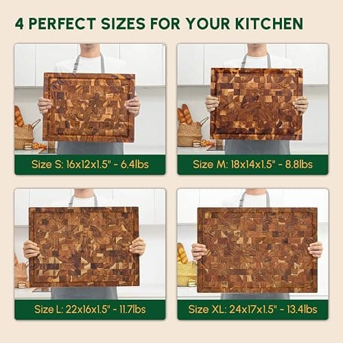 BEEFURNI Teak Wood End Grain Cutting Board (S, 16x12x1.5"), Wooden Cutting Boards for Kitchen with Juice Groove Hand Grip Small, Charcuterie Boards, Serving Board, Christmas Gifts, 1-Year Warranty thumbnail 6