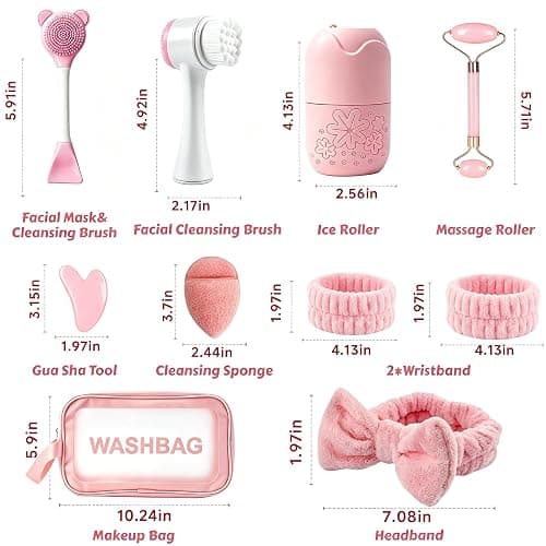 Skincare Tools Set with Facial Cleansing Brush, Ice Roller & Gua Sha Set | Pink Facial Cleansing and Massage Set, Reusable Ice Face Roller for Wrinkles Fine Lines Puffiness, Self Care Gifts for Women thumbnail 2