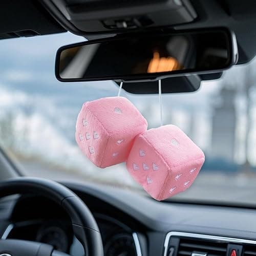 Heart Shaped Vintage Embroidered Fuzzy Plush Dice, Pair 3” Heart Shaped Hanging Dice Ornaments, New Car Decorative Vintage Accessories for Car Interior Rearview Mirror(Pink) thumbnail 5