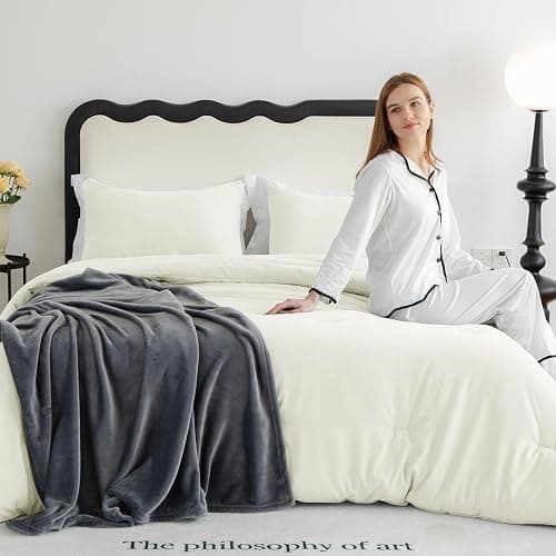 CozyLux Queen Comforter Set Ivory, 3 Pieces Solid Breathable Quilted Style Bedding Sets for Girls, Luxury Soft Microfiber Down Alternative Comforter Bet Set All Season (1 Comforter & 2 Pillowcases) thumbnail 8