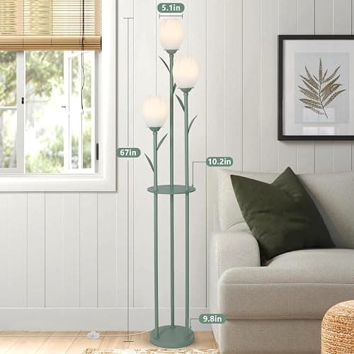 3-Light Flower Floor Lamps for Living Room, Green Floor Lamp with Shelves, Unique Tulip Standing Lamp with 3 LED Blubs, Cute Floral Tall Lamp, Modern Stand Up Light Decor for Bedroom, Kids Room thumbnail 3