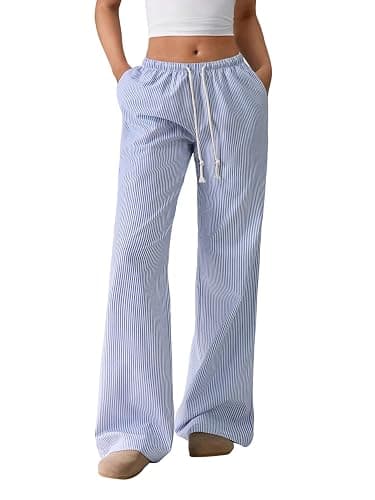 ZAFUL Casual Pants for Women, Pajama Pants Stripe Home Pants Palazzo Drawstring Waist Straight Leg - Image 1