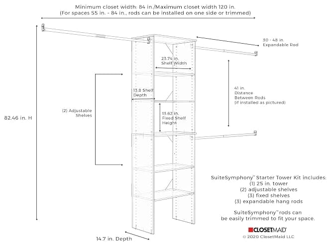 ClosetMaid SuiteSymphony Wood Closet Organizer Starter Kit Tower and 3 Hang Rods, Shelves, Adjustable, Fits Spaces 5 – 10 ft. Wide, Pure White, 25" thumbnail 13