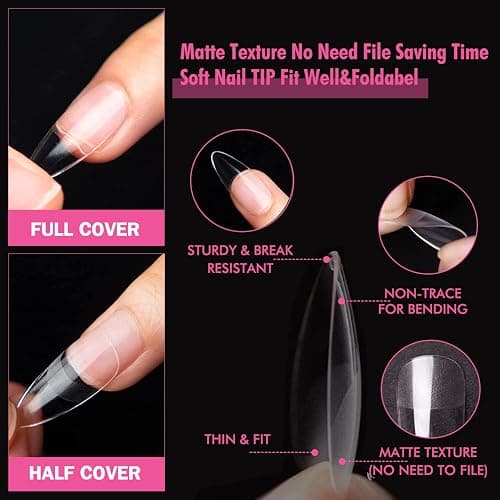 UNA GELLA Almond Gel Nail Tips, 504PCS Pre Etched Clear Fake Nails Tips Medium Almond Shape - 12 Sizes Full Cover Soft Acrylic Press On Nail Extensions No C Curve Gift for Diy at Home - A0-Medium Almond thumbnail 4