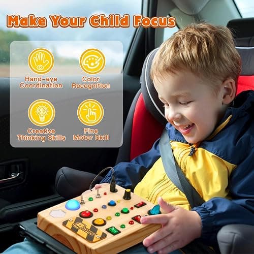 TINTECUSA Busy Board Montessori Toys for Toddler, Wooden Sensory Board Switch Toy with Shape Sorter LED Light Up Toys Educational Plane Travel Activity for Girls & Boys thumbnail 6