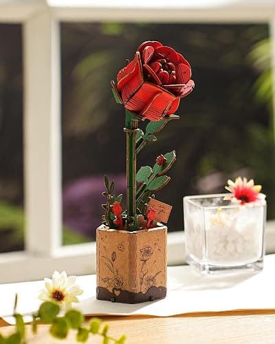 Wowood 3D Flower Wooden Puzzles for Adults-Red Rose, DIY Wooden Flowers Model Kit Building Set Crafts Birthday Gifts Women, Artificial Botanical Collection Creative Gift Ideas/Housewarming (106PCS) thumbnail 5