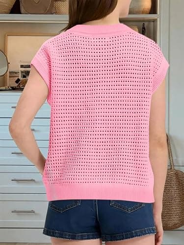 Saodimallsu Womens Short Cap Sleeve Sweater Vest Crochet Button Down Cardigans Crew Neck Summer Knit Tops thumbnail 6