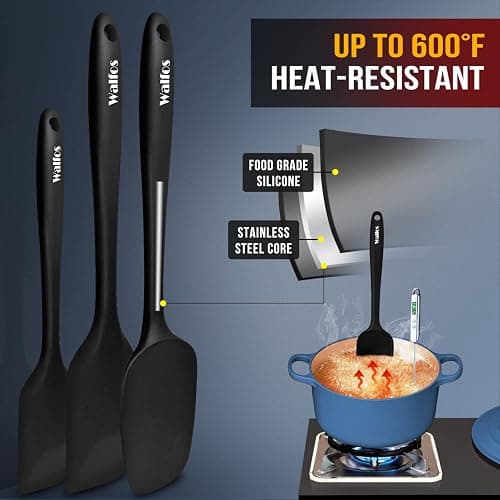 Walfos Silicone Spatula Set of 8(600°F）- Heat Resistant Kitchen Silicone Scraper Spatulas & Mini Spatulas, One-Piece Seamless Design, Perfect for Cooking Mixing & for Non-stick Cookware,black thumbnail 4