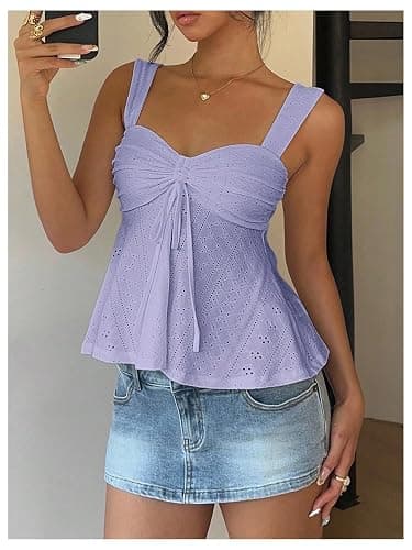 Milumia Women's Eyelet Tie Front Ruched Tank Tops Y2k Going Out Peplum Top | Babydoll, Sexy Slim Fit, Sleeveless, Flowy, Summer, Beach Vacation Outfits, Country Concert thumbnail 4