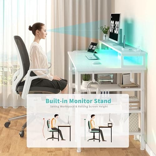 Lufeiya White Desk with Storage Shelves - 47 inch Home Office Gaming Desk with Monitor Stand, Computer Desk with LED Lights and Power Outlets, White thumbnail 6