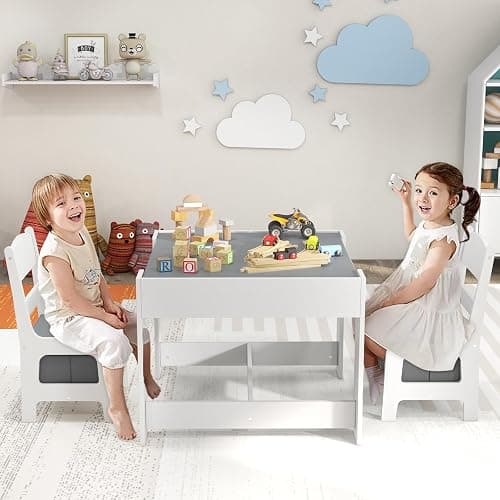 Costzon Kids Table and Chair Set, 3 in 1 Wooden Activity Table with Storage Drawer, Detachable Tabletop for Children Drawing Reading Art Craft, Playroom, Nursery, Toddler Table and Chair Set, Gray thumbnail 2