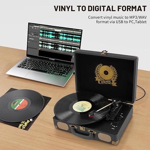 Mersoco Lecteur de disques vinyles Bluetooth 3 Vitesses Portable Classique, Sortie numérique USB, Vinyle numérique vers MP3, Haut-parleurs intégrés, RCA Line Out AUX sur Prise Casque Classique, Noir thumbnail 4