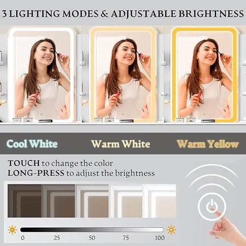 Vanity Desk with LED Lights Mirror & Power Outlet, Small Makeup Vanity Table Set with Storage Drawers & Chair, 3 Lighting Modes & Adjustable Brightness, Dressing Table for Women Girls Bedroom, White thumbnail 5