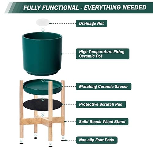 D'vine Dev Ceramic Planter with Natural Stand - 8 Inch Modern Round Flower Pot with Wood Planter Holder, Teal, 55-B-N-4 thumbnail 5