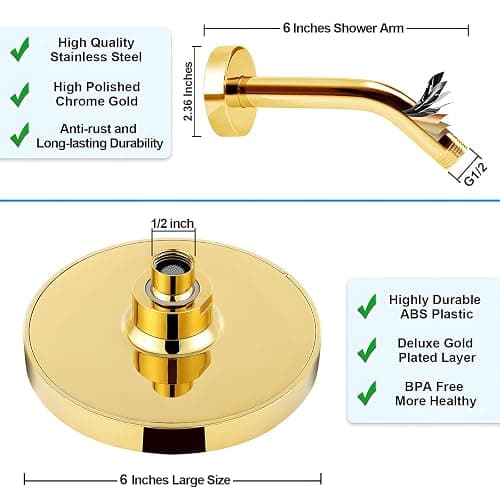 AISINYI High Pressure Rainfall Shower Head, 6 Inches Showerhead with Perfect Adjustable Replacement, Removable Restrictor, Easy Installation for Your Bathroom Shower Heads (Deluxe Gold + Shower Arm) thumbnail 2