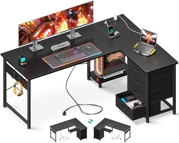 AODK L Shaped Desk with 4 Tier Drawers, 61" Reversible Gaming Desk with Power Outlets, L Shaped Computer Desk with USB Charging Port and Host Stand, Home Office Corner Desk, Easy to Assemble, Black - Image 1