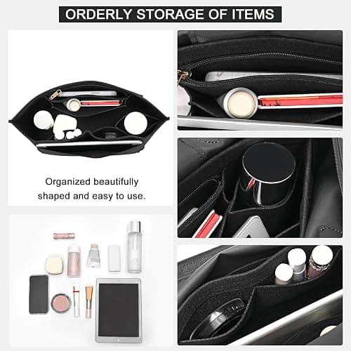 Bag Organiser for Longchamp, Black Felt Handbag Insert Organizer with Zipper, Multi-Pocket, 7 Compartments, Elegant Classic Style thumbnail 7