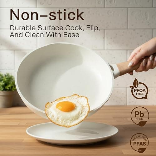Pots and Pans Set Non Stick Non-Toxic 22 Pcs Ceramic Cookware Sets Nonstick Kitchen Pot&Pan With Lid Cream White Granite Induction Compatible with Glass Lids Crepe Frying Pan PFOA/PFOS-Free thumbnail 4