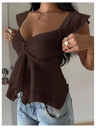 RoseSeek Women's Flowy Going Out Tank Top Sweetheart Neck Cap Sleeve Summer Ruffle Elegant Crop Tops thumbnail 5