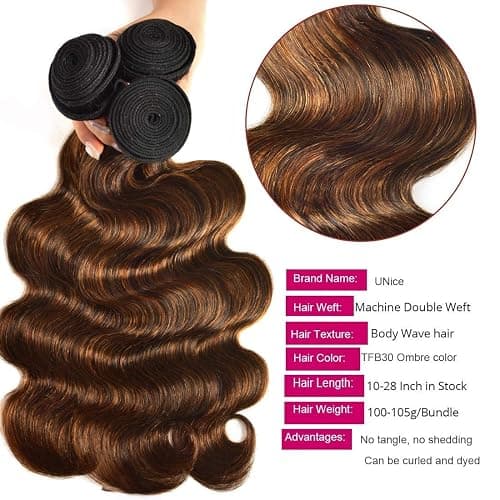 UNICE Brown Highlight Body Wave Human Hair Weave 3 Bundles 18 20 20 inches, Brazilian Remy Hair Ombre Blonde Human Hair Wavy Weaves Sew in FB30 Piano Color thumbnail 4