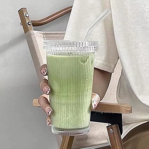 YAHUIPEIUS Glass Tumbler Stripe Glass Cup Coffee Cup With Lid and Straw LIDS DON'T SECURE 12.5 oz Drinking Glasses for Water,Iced Coffee,Milk,Tea,Juice (A-Stripe) thumbnail 3