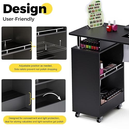 HolaiNail Manicure Table, Nail Desk Nail Tech Table with Dust Collector, Arm Rest, Wheels, Drawer & Cabinet, Beauty Salon Station, Black thumbnail 6