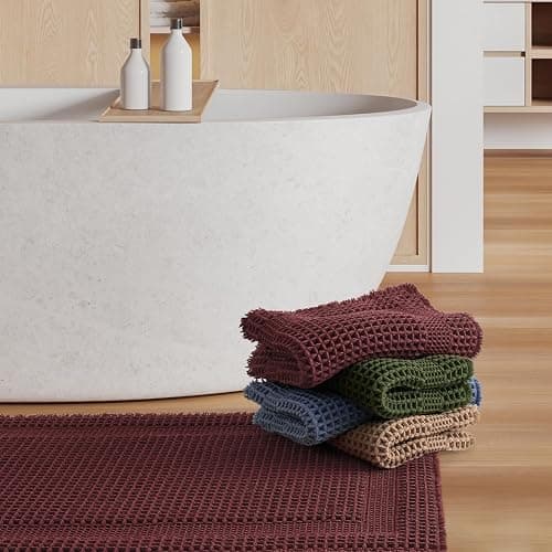 AMOAMI Waffle Bath-Mat, Absorbent Bath Mats for Bathroom Non Slip, Machine Washable Bathroom Rugs with Tassels Ultra Soft Boho Bath Rugs for Floor 17"x24" Red thumbnail 7