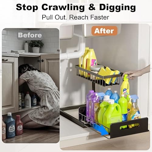 REALINN Under Sink Organizer, Pull Out Cabinet Storage 2 Tier Slide Out Sink Shelf, Kitchen Organizers and Storage, Black, 1 Pack thumbnail 4