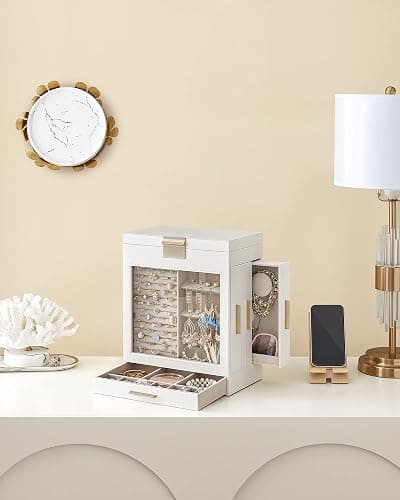 SONGMICS Jewelry Box with Glass Window, 5-Layer Jewelry Organizer with 3 Side Drawers, Jewelry Storage, with Big Mirror, Modern, 6.1 x 10.3 x 12.6 Inches, Cloud White and Metallic Gold UJBC162W01 thumbnail 8